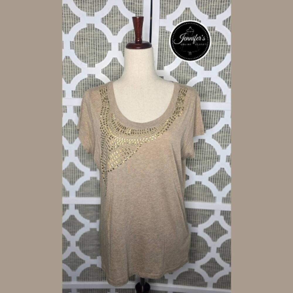 3/$30 Chaus Sport Tan with Gold Embellished Scoop Neck Short Sleeve Top Large